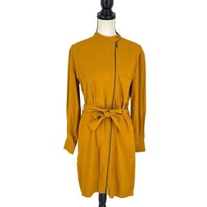 Karen Millen Shirt Dress Mustard Yellow‎ Long Sleeve Belted Zip Front  Size 4
